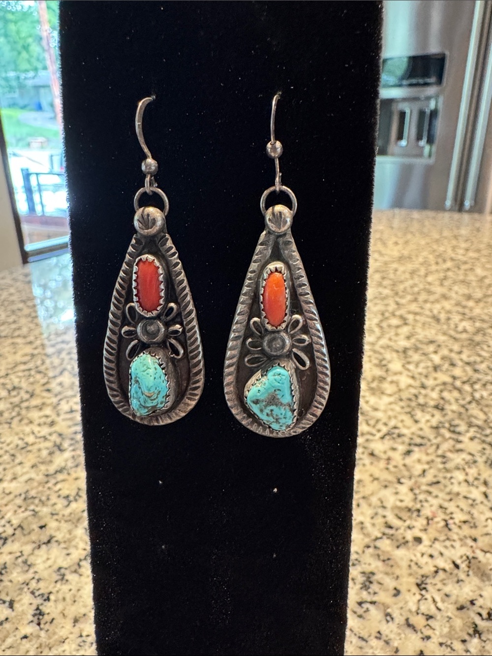 Silver-Accent Turquoise and Coral Teardrop Earrings